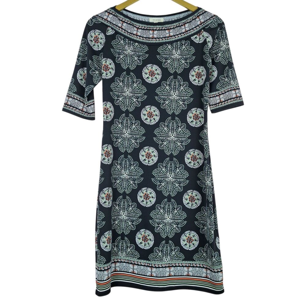 Max Studio Shift Dress Floral Mandala Pattern Boat Neck Boho 3/4 sleeve Black XS